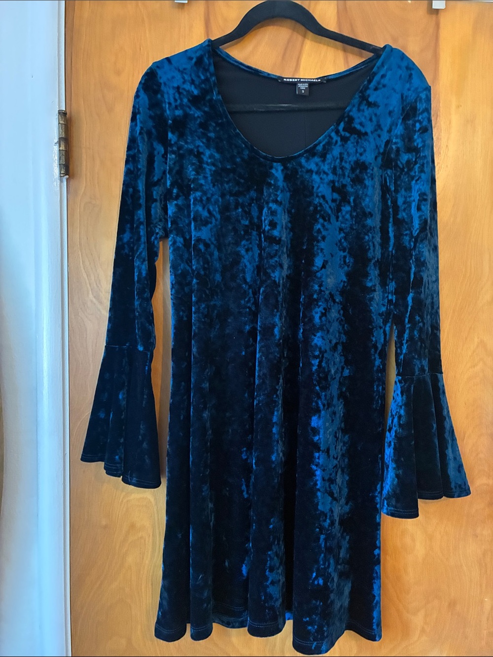 Robert Michaels crushed velvet belt sleeve dark blue green dress